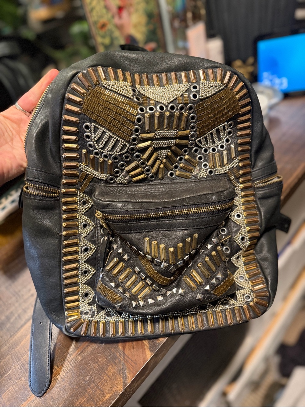 Ash Leather Black Embellished Women's Leather Backpack with Gold Accents